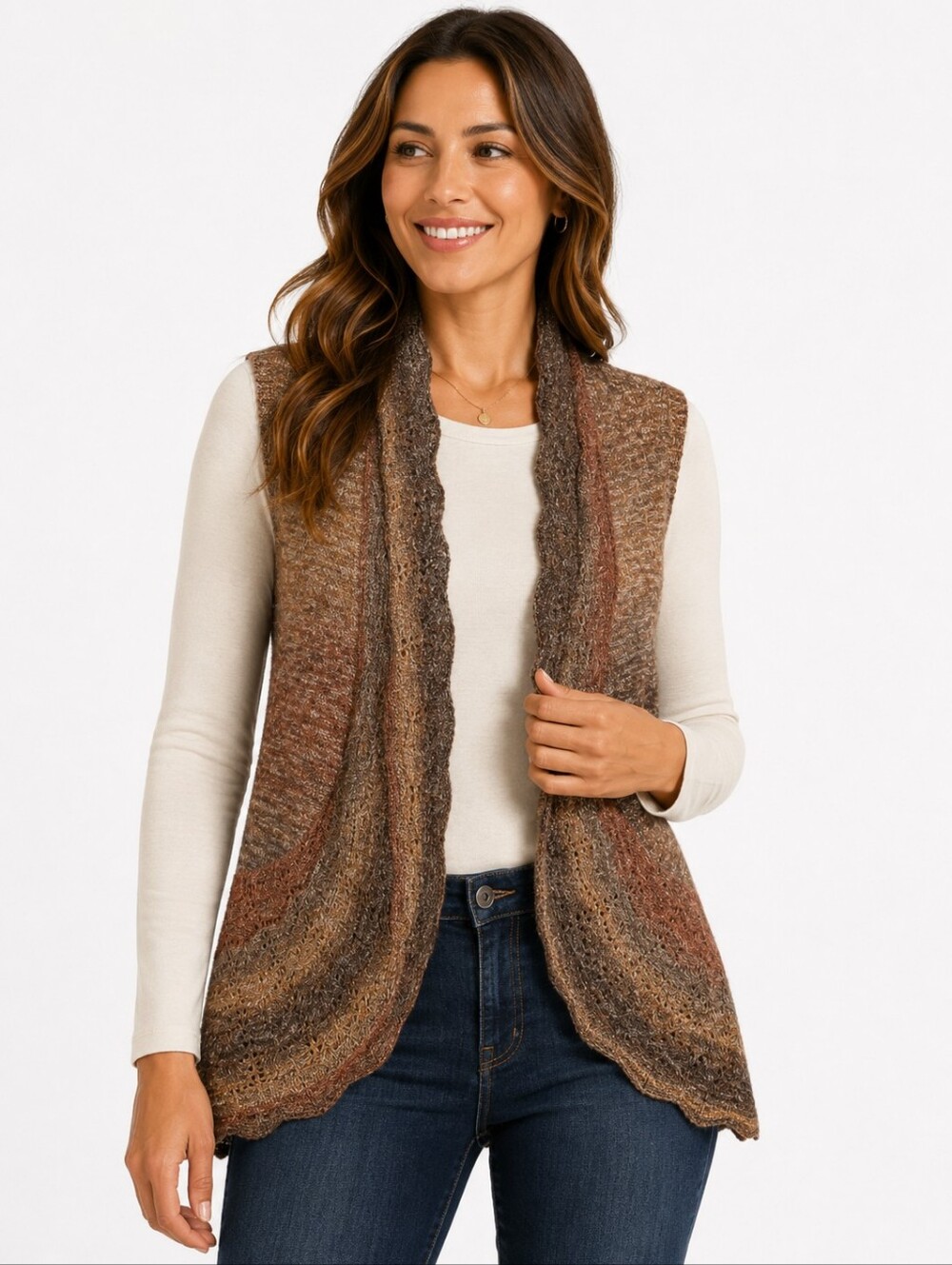Porsesa Brown Space Dye Knit Vest Women Medium Open Front Pointelle Trim 1348‎